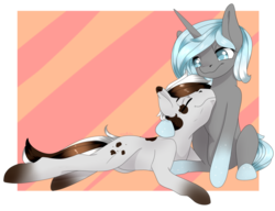 Size: 1021x783 | Tagged: safe, artist:doodle-28, oc, oc only, oc:cookies n' cream, oc:snowy blizzard, earth pony, pony, unicorn, blind, couple, female, lesbian, neck nuzzle, nuzzling