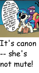 Size: 217x409 | Tagged: safe, idw, big macintosh, dj pon-3, vinyl scratch, earth pony, pony, unicorn, g4, spoiler:comic, canon, cropped, eyes on the prize, female, glasses, male, mare, music, question mark, singing, solo focus, stallion, text, the beatles