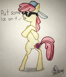 Size: 1024x1188 | Tagged: safe, artist:thelavenderquill, apple bloom, earth pony, pony, g4, backwards ballcap, baseball cap, bipedal, cutie mark, dialogue, female, filly, hat, solo, sunglasses, the cmc's cutie marks, traditional art, watermark