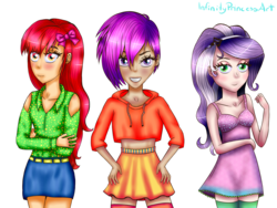 Size: 2920x2200 | Tagged: safe, artist:infinityprincessart, apple bloom, scootaloo, sweetie belle, human, g4, belt, clothes, cute, cutie mark crusaders, denim skirt, dress, high res, hoodie, humanized, midriff, skirt, skirtaloo, socks, thigh highs, zettai ryouiki