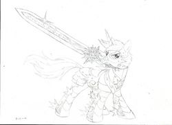 Size: 1024x745 | Tagged: safe, artist:stratus35, shining armor, g4, armor, badass, male, pencil drawing, solo, sword, traditional art, weapon