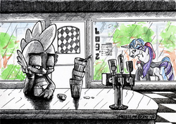 Size: 4913x3478 | Tagged: safe, artist:smellslikebeer, fancypants, rarity, spike, dragon, pony, unicorn, g4, beatnik rarity, beret, black and white, clothes, crosshatch, drink, female, forever alone, grayscale, hat, ink, lonely, male, meme, monochrome, neo noir, partial color, sad, ship:raripants, shipping, straight, traditional art
