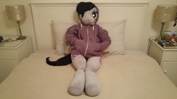 Size: 5312x2988 | Tagged: safe, artist:bigsexyplush, artist:somethingaboutoctavia, octavia melody, anthro, g4, anthro plushie, bed, bedroom eyes, clothes, crossed legs, cute, doll, female, hoodie, irl, photo, plushie, solo, toy