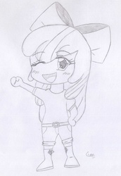 Size: 1218x1774 | Tagged: safe, artist:epsilon-chedi, apple bloom, equestria girls, g4, adorabloom, chibi, cute, female, monochrome, open mouth, solo, sweet dreams fuel, traditional art, wink