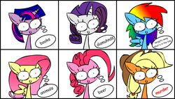Size: 1497x848 | Tagged: safe, artist:mushroomcookiebear, applejack, fluttershy, pinkie pie, rainbow dash, rarity, twilight sparkle, g4, c:, ed edd n eddy, mane six, murder, out of character, over your ed, shrunken pupils, smiling, thought bubble