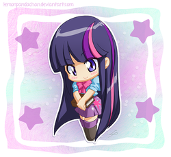 Size: 800x734 | Tagged: safe, artist:lemonpandachan, twilight sparkle, equestria girls, g4, beautiful, book, chibi, clothes, cute, female, looking at you, skirt, smiling, smiling at you, solo, twiabetes