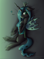 Size: 2697x3577 | Tagged: safe, artist:taleriko, artist:toanderic, queen chrysalis, changeling, changeling queen, rcf community, g4, bed, blushing, collaboration, crown, female, heart, high res, jewelry, regalia, solo