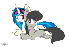 Size: 1024x680 | Tagged: safe, artist:despotshy, dj pon-3, octavia melody, vinyl scratch, g4, prone, simple background, transparent background