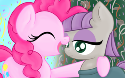 Size: 1024x640 | Tagged: safe, artist:felinefluff, maud pie, pinkie pie, g4, my little pony: friendship is magic, the gift of the maud pie, confetti, eyes closed, happy, pie sisters