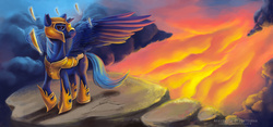 Size: 3000x1401 | Tagged: safe, artist:stasushka, oc, oc only, alicorn, pony, alicorn oc, armor, fire, magic, solo