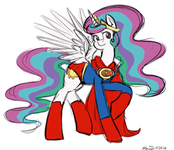 Size: 1400x1206 | Tagged: safe, artist:melodicmarzipan, princess celestia, g4, cape, clothes, crossover, female, raised hoof, simple background, sketchy, solo, spread wings, superman