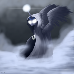 Size: 1600x1600 | Tagged: safe, artist:titan2955, princess luna, spirit of hearth's warming yet to come, g4, cloak, clothes, female, glowing eyes, magic, solo, spread wings