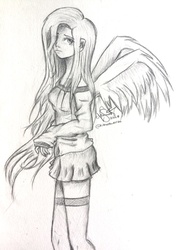 Size: 1024x1356 | Tagged: safe, artist:hithereweirdo, fluttershy, human, g4, clothes, female, grayscale, humanized, monochrome, shirt, skirt, socks, solo, sweater, sweatershy, thigh highs, traditional art, winged humanization, zettai ryouiki