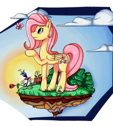 Size: 900x1000 | Tagged: safe, artist:superjewishgoat, fluttershy, butterfly, g4, cloud, female, flower, raised hoof, solo