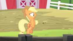 Size: 400x225 | Tagged: safe, screencap, applejack, chicken, earth pony, pony, applejack's "day" off, g4, animated, bipedal, chicken dance, chickenjack, discovery family logo, female, silly, silly pony, solo, who's a silly pony