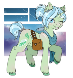 Size: 700x750 | Tagged: safe, artist:enigmaticwisp, oc, oc only, oc:misty tealeaf, bag, clothes, ear piercing, earring, piercing, potion, saddle bag, scarf, solo, vial