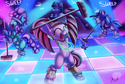 Size: 3000x2002 | Tagged: safe, artist:discorded, azure velour, flashdancer, pacific glow, twilight sparkle, alicorn, pony, g4, the saddle row review, armpits, belly button, bipedal, broom, clothes, club pony party palace, dance floor, eyes closed, female, group, high res, hoof hold, mare, meme, mouth hold, open mouth, pacifier, rave, scene interpretation, stomp, sweeping, sweepsweepsweep, turntable, twilight sparkle (alicorn)