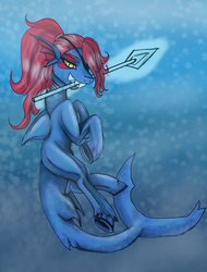 Size: 891x1174 | Tagged: safe, artist:brainiac, merpony, bubble, crossover, fish tail, looking at you, ocean, ponified, scales, solo, spear, tail, teeth, undertale, underwater, undyne, unshorn fetlocks, water, weapon