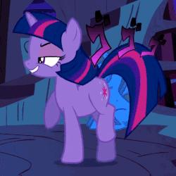 Size: 508x508 | Tagged: safe, edit, edited screencap, screencap, twilight sparkle, g4, owl's well that ends well, animated, fake smile, female, jojo's bizarre adventure, menacing, night, prancing, smiling, solo, trotting, trotting in place, wat, ゴ ゴ ゴ