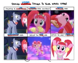 Size: 1600x1300 | Tagged: safe, artist:cheezedoodle96, edit, edited screencap, screencap, diamond cutter, pacific glow, pony, g4, the saddle row review, blushing, dancing, disembodied hand, doing loving things, glowstick, leg warmers, meme, pacifier