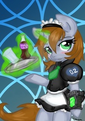 Size: 400x566 | Tagged: safe, artist:telasra, oc, oc only, oc:littlepip, pony, unicorn, semi-anthro, fallout equestria, abstract background, blushing, clothes, fanfic, fanfic art, female, glowing horn, hooves, horn, levitation, magic, maid, mare, open mouth, pipbuck, solo, sparkle cola, telekinesis, tray, waitress