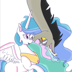 Size: 500x497 | Tagged: safe, artist:bombasticdingo, discord, princess celestia, g4, female, male, nuzzling, ship:dislestia, shipping, straight, upside down