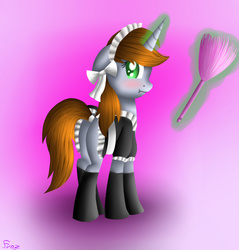 Size: 836x873 | Tagged: safe, artist:frozl, oc, oc only, oc:littlepip, pony, unicorn, fallout equestria, blushing, butt, clothes, duster, fanfic, fanfic art, female, floppy ears, glowing horn, gradient background, hooves, horn, levitation, magic, maid, mare, plot, scrunchy face, socks, solo, tail wrap, telekinesis