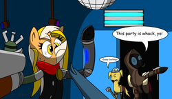 Size: 2560x1470 | Tagged: safe, artist:derpanater, oc, oc only, oc:rufus, oc:turnip soup, oc:vibraphone echo, cyborg, cyborg pony, pony, fallout equestria, fallout equestria: dance of the orthrus, commission, digital art, disco ball, funny, gas mask, gun, hooves up, mirage pony, text, weapon, wide eyes