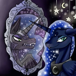 Size: 720x720 | Tagged: safe, artist:brainiac, nightmare moon, princess luna, alicorn, pony, g4, antagonist, commission, duality, female, floppy ears, fluffy, grin, lidded eyes, looking at you, mirror, open mouth, reflection, sharp teeth, smiling, smirk, solo