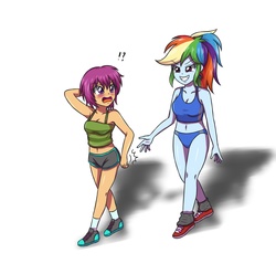 Size: 3507x3472 | Tagged: safe, artist:sumin6301, rainbow dash, scootaloo, human, equestria girls, g4, armpits, ass, belly button, bike shorts, blushing, breasts, busty rainbow dash, busty scootaloo, butt, camisole tubetop, cleavage, clothes, duo, female, high res, implied spanking, lesbian, midriff, open mouth, ship:scootadash, shipping, shoes, shorts, simple background, smack, sneakers, socks, sports panties, sports shorts, tank top, white background