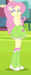 Size: 215x520 | Tagged: safe, screencap, fluttershy, equestria girls, g4, animated, boots, bouncing, clothes, cute, female, high heel boots, high heels, laughing, shyabetes, skirt, socks, solo, tank top