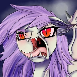 Size: 720x720 | Tagged: safe, artist:brainiac, fluttershy, bat pony, pony, g4, commission, fangs, female, flutterbat, race swap, scary, solo