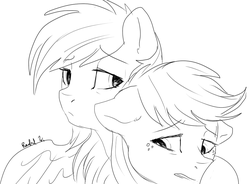 Size: 978x720 | Tagged: safe, artist:p0n1es, applejack, rainbow dash, g4, female, lesbian, ship:appledash, shipping, sketch