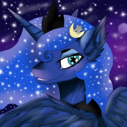 Size: 1280x1280 | Tagged: safe, artist:brainiac, princess luna, alicorn, pony, g4, blushing, bust, crescent moon, cute, ear fluff, female, fluffy, grin, hairclip, heart eyes, lidded eyes, looking at you, looking back, moon, open mouth, portrait, smiling, solo, sparkles, starry eyes, stars, wing fluff, wingding eyes