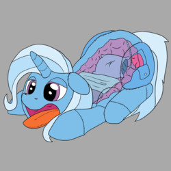 Size: 800x800 | Tagged: safe, artist:dudey64, trixie, pony, sleeping bag pony, unicorn, g4, bed, blanket, female, fetish, floppy ears, implied vore, lidded eyes, mare, missing cutie mark, open mouth, pillow, plushie, plushie vore, prone, sleeping bag, sleeping bag vore, solo, tongue out, wat, x-ray, zipper