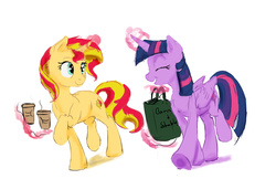 Size: 5100x3300 | Tagged: safe, artist:silfoe, sunset shimmer, twilight sparkle, alicorn, pony, unicorn, g4, bag, barnes&noble, book, coffee, duo, eyes closed, magic, simple background, telekinesis, twilight sparkle (alicorn), underhoof, white background