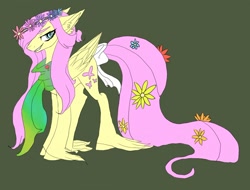 Size: 1280x973 | Tagged: safe, artist:brainiac, fluttershy, pony, g4, alternate universe, canterlot tales, clothes, concept art, female, floral head wreath, flower, flower in hair, implied fluttertree, scarf, simple background, solo, tail bow, unshorn fetlocks