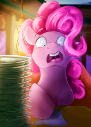 Size: 619x862 | Tagged: safe, artist:tangomangoes, pinkie pie, earth pony, pony, g4, the saddle row review, bill, dish, female, gasp, i've made a huge mistake, raised eyebrow, regret, scene interpretation, shocked, shrunken pupils, solo, sticker shock, wide eyes