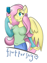 Size: 4074x5447 | Tagged: safe, artist:pulchra-mortuus, fluttershy, butterfly, anthro, g4, absurd resolution, clothes, female, flower, flower in hair, heart eyes, shirt, solo, t-shirt, wingding eyes