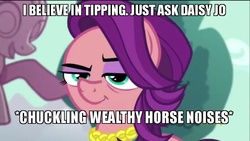 Size: 800x450 | Tagged: safe, edit, edited screencap, screencap, spoiled rich, crusaders of the lost mark, g4, cow tipping, descriptive noise, female, image macro, jerk, meme, pun, smirk, solo, tipping, worst pony