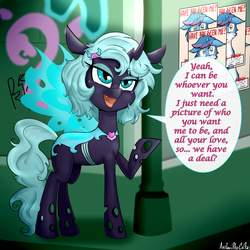 Size: 3000x3000 | Tagged: safe, artist:anibaruthecat, oc, oc only, oc:minty parfait, changeling, blue changeling, dialogue, female, filly, high res, open mouth, prostitution, solo, speech bubble