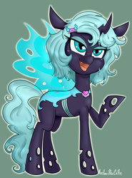 Size: 2000x2700 | Tagged: safe, artist:anibaruthecat, oc, oc only, oc:minty parfait, changeling, blue changeling, female, filly, high res, open mouth, raised hoof, simple background, solo