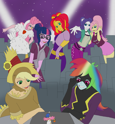 Size: 1700x1830 | Tagged: safe, artist:final7darkness, adagio dazzle, applejack, aria blaze, fluttershy, pinkie pie, rainbow dash, rarity, sci-twi, sonata dusk, sunset shimmer, twilight sparkle, oc, equestria girls, g4, animal costume, archery, chicken pie, chicken suit, city, clothes, costume, crystal prep shadowbolts, fingerless gloves, giantess, glasses, gloves, humane five, macro, nightmare night, nightmare night costume, open mouth, request, requested art, scarecrow, shadowbolt dash, shadowbolts, shadowbolts costume, the dazzlings