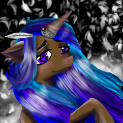 Size: 400x400 | Tagged: safe, artist:brainiac, oc, oc only, oc:rose sniffer, pony, unicorn, brown, cute, feather, floppy ears, horn, horn ring, icon, raised hoof, smiling, solo, swirly eyes