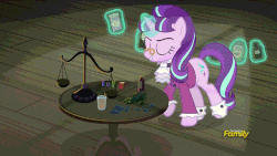 Size: 640x360 | Tagged: safe, artist:x-saltedfish, edit, edited screencap, screencap, snowfall frost, starlight glimmer, a hearth's warming tail, g4, the crystalling, animated, chocolate, chocolate milk, command and conquer, discovery family logo, everything is ruined, female, food, meme, milk, mission failed, pure unfiltered evil, spill, spilled milk, table, text