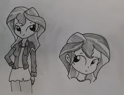 Size: 564x431 | Tagged: safe, artist:tjpones, sunset shimmer, equestria girls, g4, female, monochrome, pencil drawing, solo, traditional art