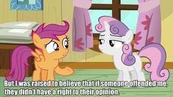 Size: 960x539 | Tagged: safe, screencap, scootaloo, sweetie belle, g4, eye contact, frown, gritted teeth, impact font, meme, raised eyebrow, scootaloo is wrong about everything, unamused