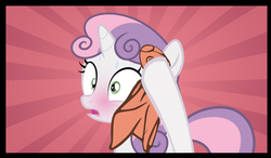 Size: 1062x619 | Tagged: safe, artist:lunaticdawn, artist:marusame, edit, screencap, sweetie belle, pony, unicorn, g4, blushing, comic, cropped, female, image macro, meme, out of context, solo, sunburst background, sweat, sweating towel guy, towel