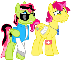 Size: 765x644 | Tagged: safe, artist:thefanficfanpony, oc, oc only, oc:ace, pegasus, pony, flutter brutter, g4, bandaged wing, clothes, duo, fluttershy's brother (fanon), harsher in hindsight, jacket, male, simple background, stallion, sunglasses, white background