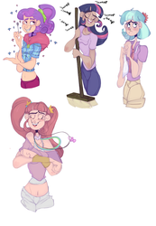 Size: 3248x4700 | Tagged: safe, artist:mili-kat, coco pommel, pacific glow, plaid stripes, twilight sparkle, human, g4, the saddle row review, belly button, blushing, braces, breasts, broom, clothes, dancing, flower, humanized, midriff, necktie, open mouth, pacifier, pants, pigtails, shirt, smiling, spoon, sweatband, sweeping, sweepsweepsweep, tank top, twilight sweeple